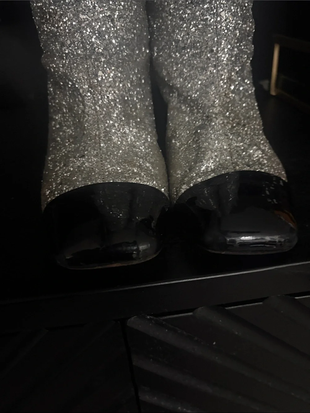 CHANEL AW 2017 Iconic Silver Glitter Black Patent Leather Boot